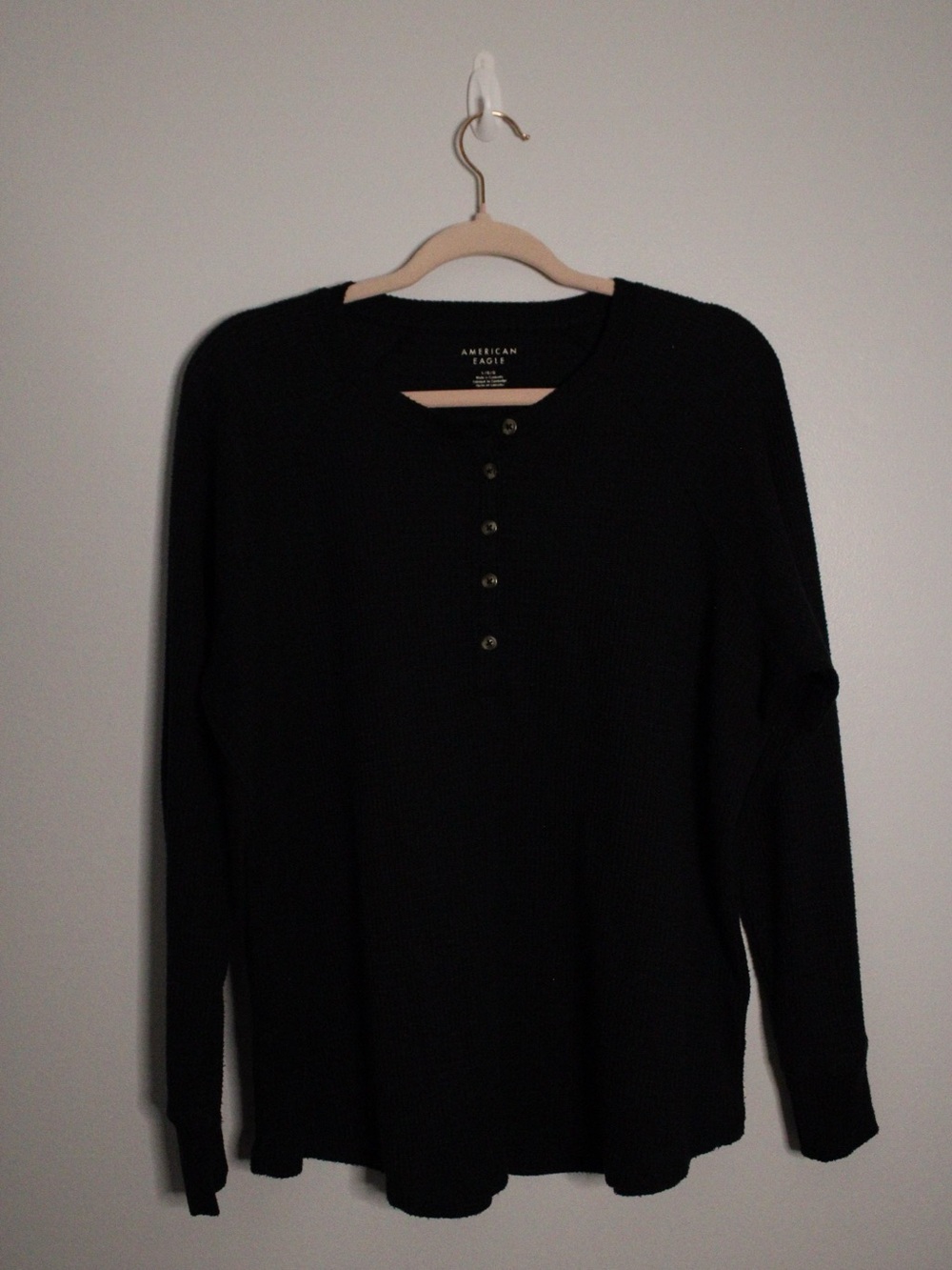 American Eagle Outfitters Black Waffle-Knit Henley Turtleneck Sweater
